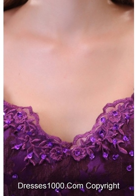 V-neck Appliqued Prom Holiday Dress in Purple with Brush Train