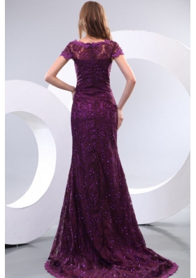 V-neck Appliqued Prom Holiday Dress in Purple with Brush Train