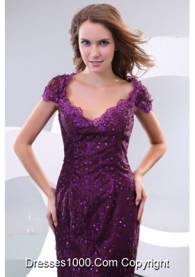 V-neck Appliqued Prom Holiday Dress in Purple with Brush Train