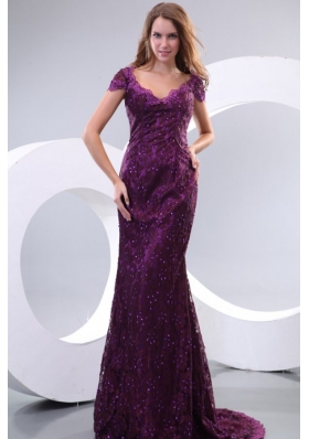 V-neck Appliqued Prom Holiday Dress in Purple with Brush Train