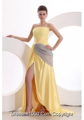 New Column Strapless Ruched Yellow Prom Party Dress in Chiffon