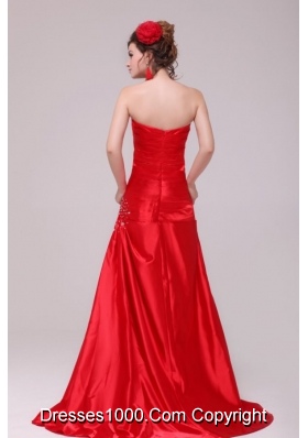 Perfect Brush Train Red Ruched Prom Party Dress with Beading