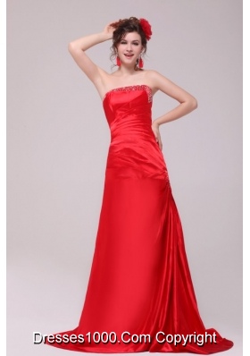 Perfect Brush Train Red Ruched Prom Party Dress with Beading