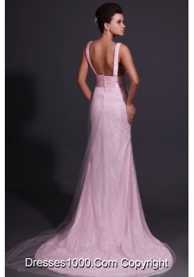 Pink V-neck Lace Brush Train Prom Gown Dress with Appliques