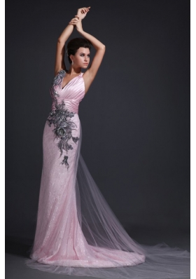 Pink V-neck Lace Brush Train Prom Gown Dress with Appliques