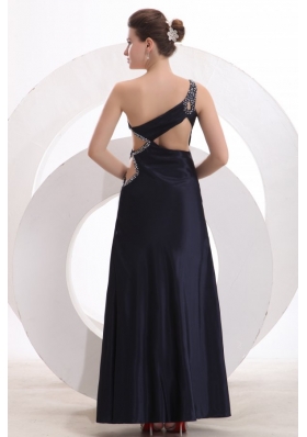 One Shoulder Beaded Navy Blue Prom Party Dress with High Slit