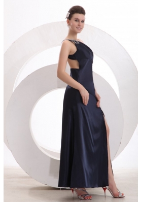 One Shoulder Beaded Navy Blue Prom Party Dress with High Slit