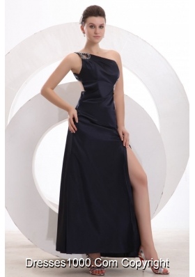 One Shoulder Beaded Navy Blue Prom Party Dress with High Slit
