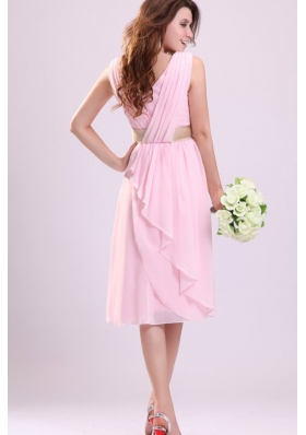 Baby Pink Empire V-neck Chiffon Prom Gown Dress with Ruches