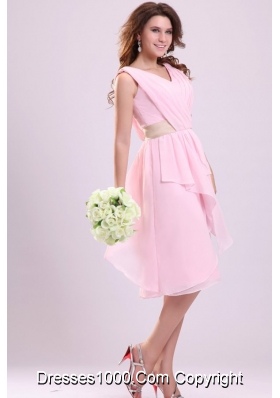 Baby Pink Empire V-neck Chiffon Prom Gown Dress with Ruches