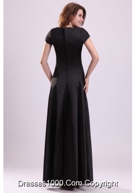 Bateau Black Beaded Ankle-length Prom Dress with Short Sleeves