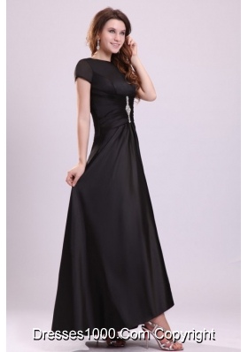 Bateau Black Beaded Ankle-length Prom Dress with Short Sleeves