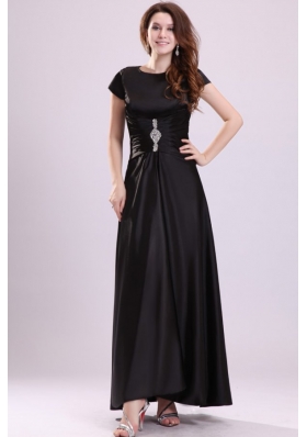 Bateau Black Beaded Ankle-length Prom Dress with Short Sleeves