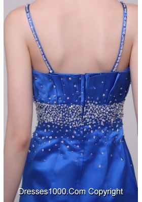 Beautiful Column Blue Straps Taffeta Prom Party Dress with Beading