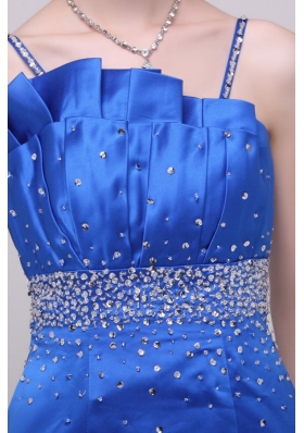 Beautiful Column Blue Straps Taffeta Prom Party Dress with Beading