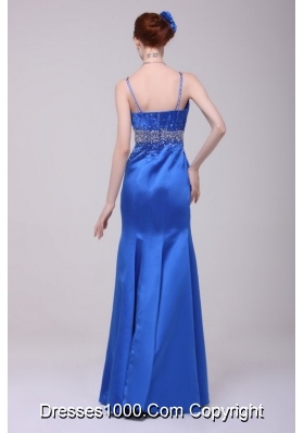 Beautiful Column Blue Straps Taffeta Prom Party Dress with Beading