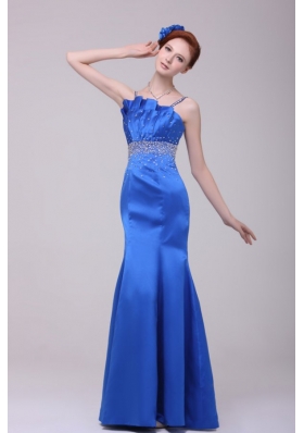 Beautiful Column Blue Straps Taffeta Prom Party Dress with Beading