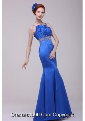 Beautiful Column Blue Straps Taffeta Prom Party Dress with Beading