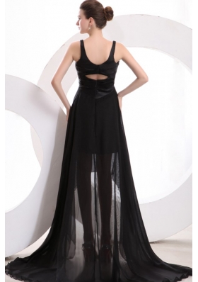 Black V-neck High-low Ruched Prom Maxi Dress with Sweep Train