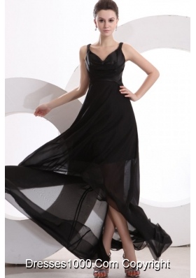 Black V-neck High-low Ruched Prom Maxi Dress with Sweep Train