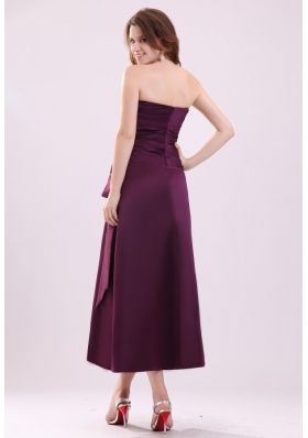 Cheap A-Line Strapless Ankle-length Purple Ruched Prom Dresses