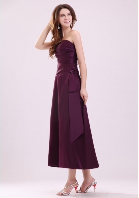 Cheap A-Line Strapless Ankle-length Purple Ruched Prom Dresses