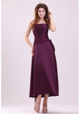 Cheap A-Line Strapless Ankle-length Purple Ruched Prom Dresses
