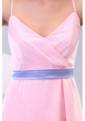 Cheap Baby Pink High-low Prom Gown Dress with Lavender Sash