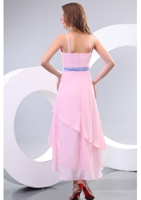 Cheap Baby Pink High-low Prom Gown Dress with Lavender Sash