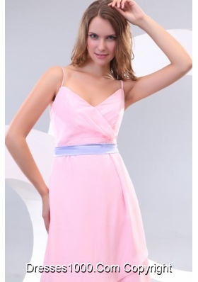 Cheap Baby Pink High-low Prom Gown Dress with Lavender Sash