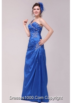 Cheap Column One Shoulder Blue Prom Gown Dress with Beading