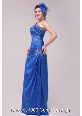 Cheap Column One Shoulder Blue Prom Gown Dress with Beading