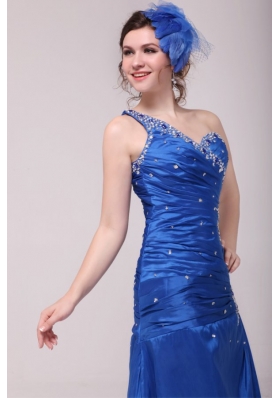 Cheap Column One Shoulder Blue Prom Gown Dress with Beading