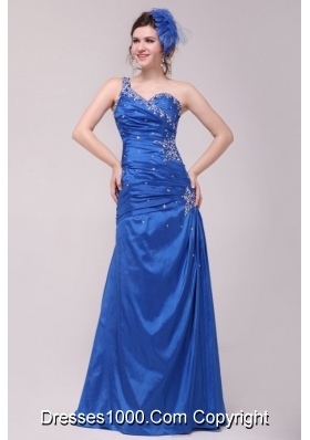 Cheap Column One Shoulder Blue Prom Gown Dress with Beading