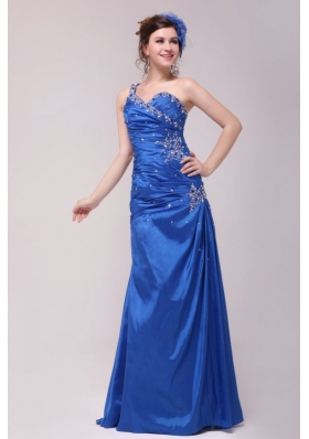 Cheap Column One Shoulder Blue Prom Gown Dress with Beading