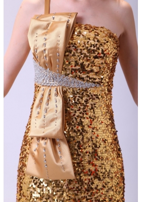 Column One Shoulder Sequined Gold Prom Dresses with Bowknot