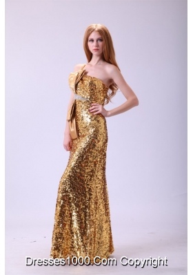 Column One Shoulder Sequined Gold Prom Dresses with Bowknot