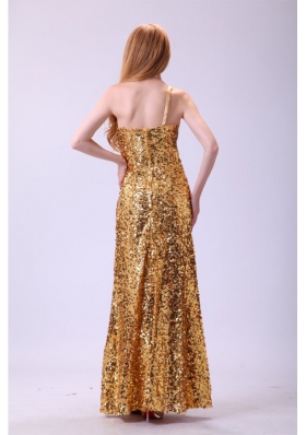 Column One Shoulder Sequined Gold Prom Dresses with Bowknot