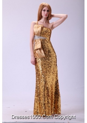 Column One Shoulder Sequined Gold Prom Dresses with Bowknot