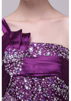 Column One Shoulder Lace Up Beaded Taffeta Purple Prom Dress