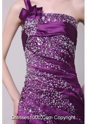 Column One Shoulder Lace Up Beaded Taffeta Purple Prom Dress