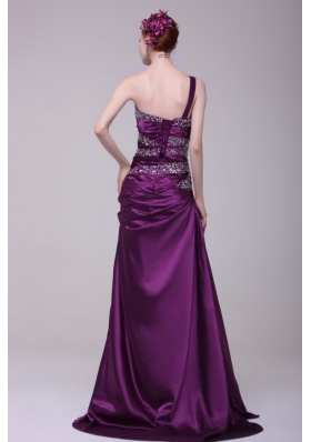 Column One Shoulder Lace Up Beaded Taffeta Purple Prom Dress