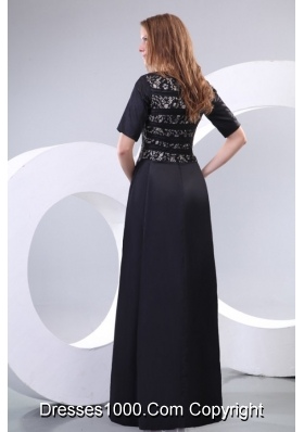 Column Scoop Black Lace Prom Pageant Dresses with Half Sleeves