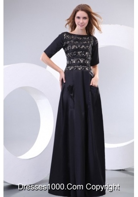 Column Scoop Black Lace Prom Pageant Dresses with Half Sleeves