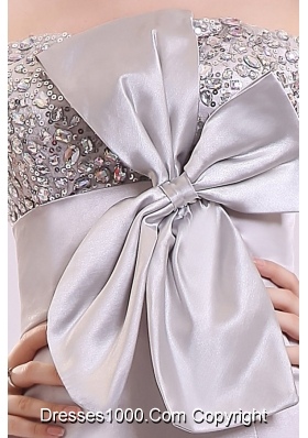 Column Strapless Beaded Grey Taffeta Prom Dresses with Bowknot