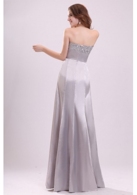 Column Strapless Beaded Grey Taffeta Prom Dresses with Bowknot