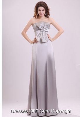 Column Strapless Beaded Grey Taffeta Prom Dresses with Bowknot