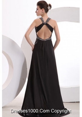 Black V-neck Beaded High Silt Prom Gown Dress with Brush Train