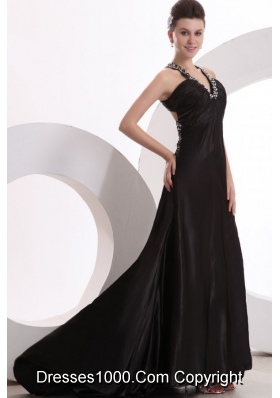 Black V-neck Beaded High Silt Prom Gown Dress with Brush Train