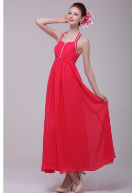 Hot Empire Halter Top Red Ankle-length Prom Dress with Beading